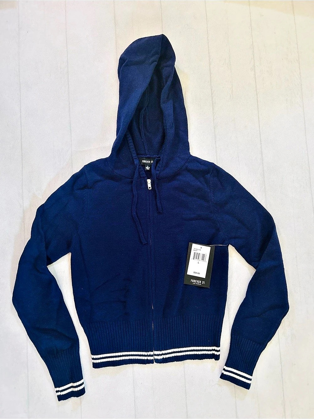 Forever 21 Zip-Up Knit Hoodie Striped Blue & White Sz Large NWT